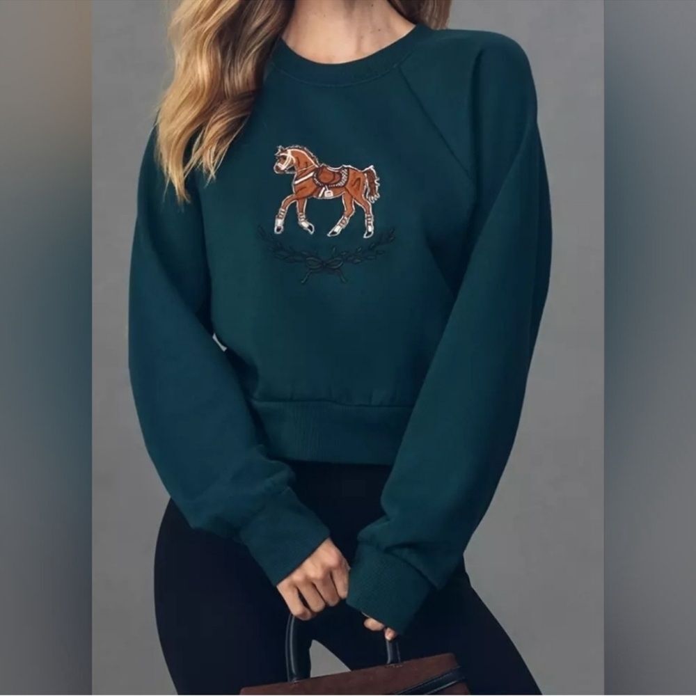 NWOT Maeve Anthropologie Embroidered Shrunken Crewneck Sweatshirt/ Horse